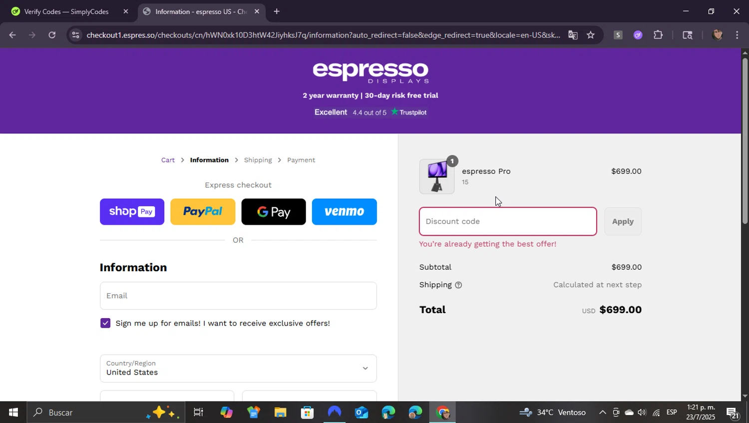 Espresso Displays discount code screenshot showing code MDPRO applied at Espresso Displays checkout page. Uploaded by SimplyCodes community member ShieldEagle9436 on Jul 23, 2025
