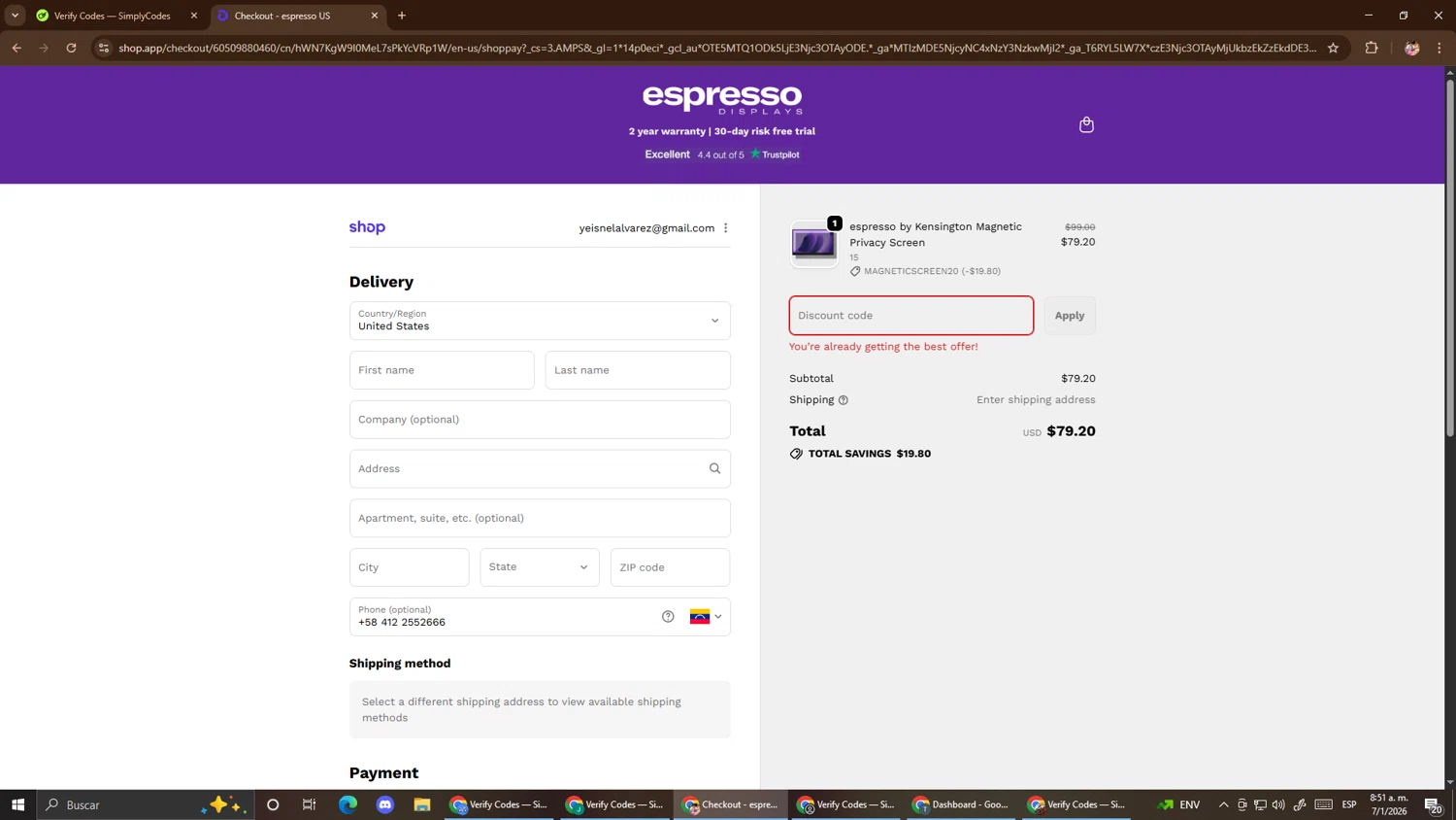 Espresso Displays checkout page showing Espresso Displays discount code box | Screenshot taken by SimplyCodes community member on Jan 7, 2026