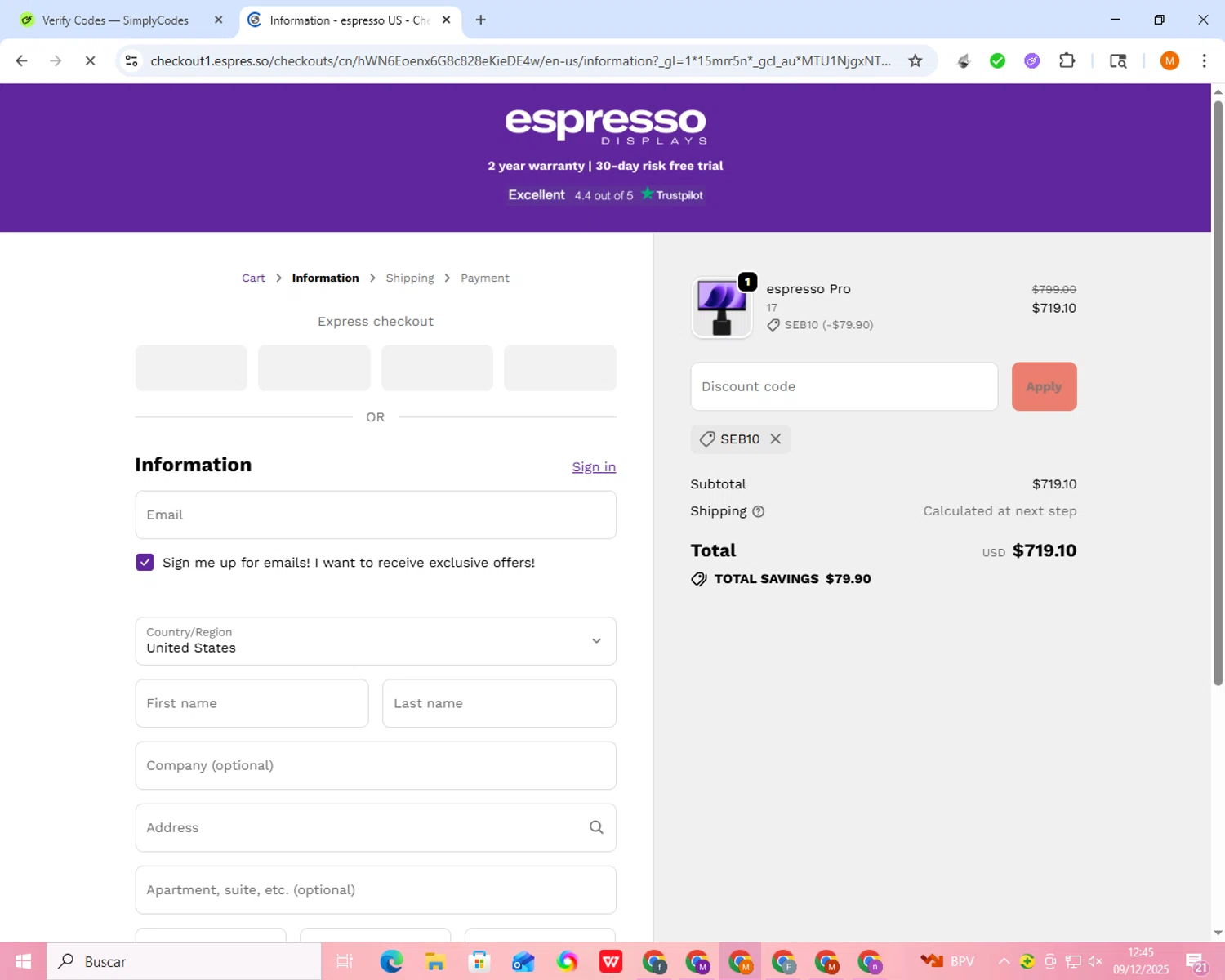 Espresso Displays checkout page showing Espresso Displays discount code box | Screenshot taken by SimplyCodes community member on Dec 9, 2025