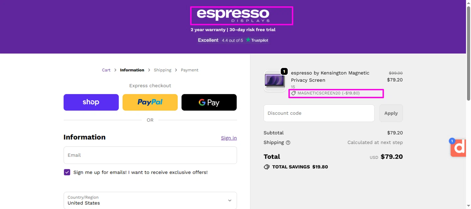Espresso Displays discount code screenshot showing code MAGNETICSCREEN20 applied at Espresso Displays checkout page. Uploaded by SimplyCodes community member mrdarcy on Jan 16, 2026