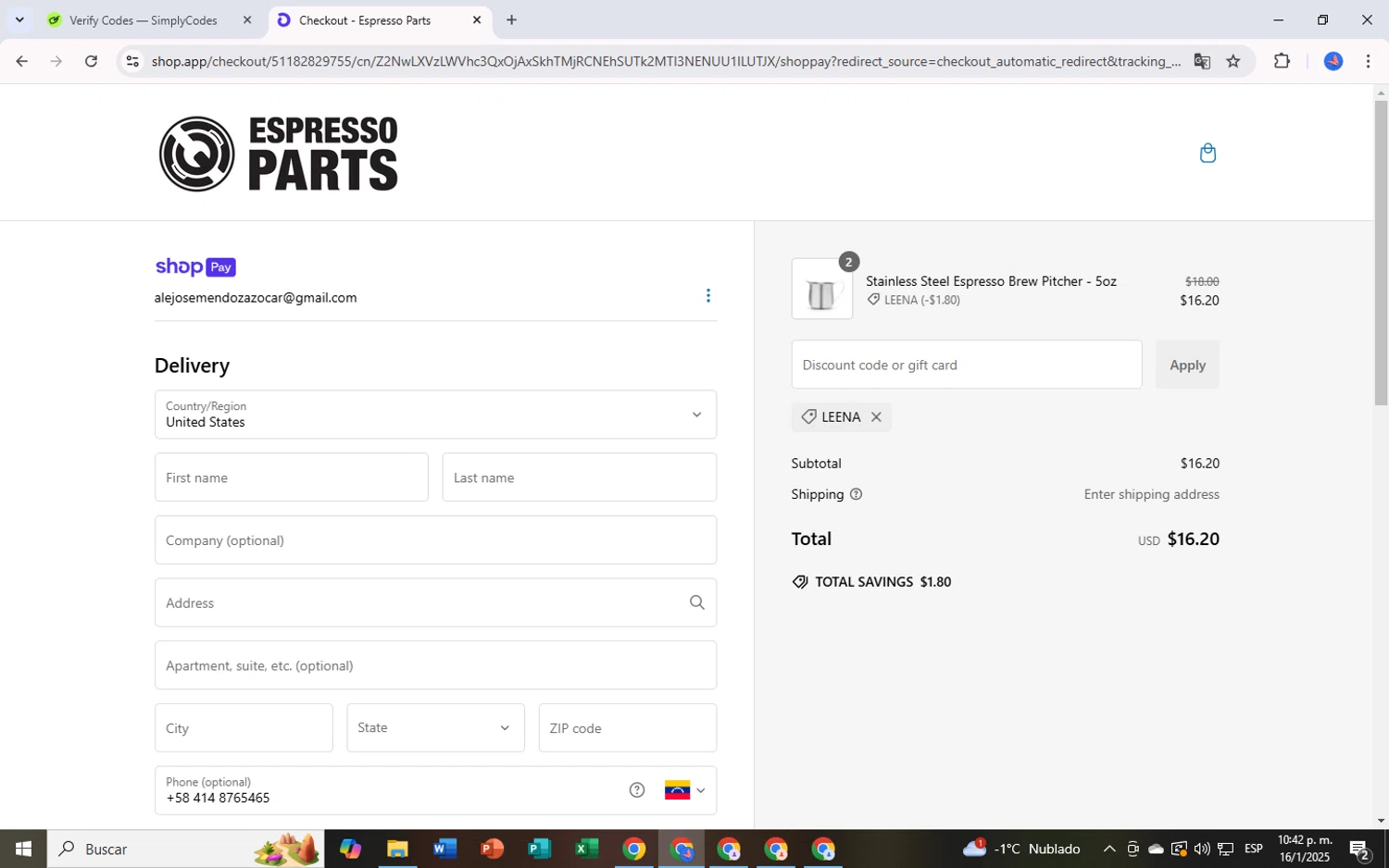 Espresso Parts discount code screenshot showing code LEENA applied at Espresso Parts checkout page. Uploaded by SimplyCodes community member TheCreature on Jan 17, 2025