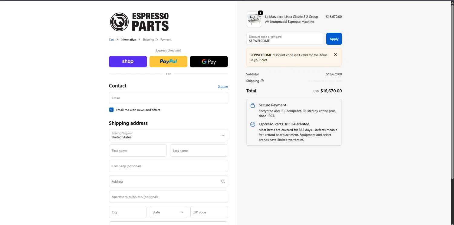 Espresso Parts discount code screenshot showing code 5EPWELCOME applied at Espresso Parts checkout page. Uploaded by SimplyCodes community member Carlosramirez09 on Dec 14, 2025