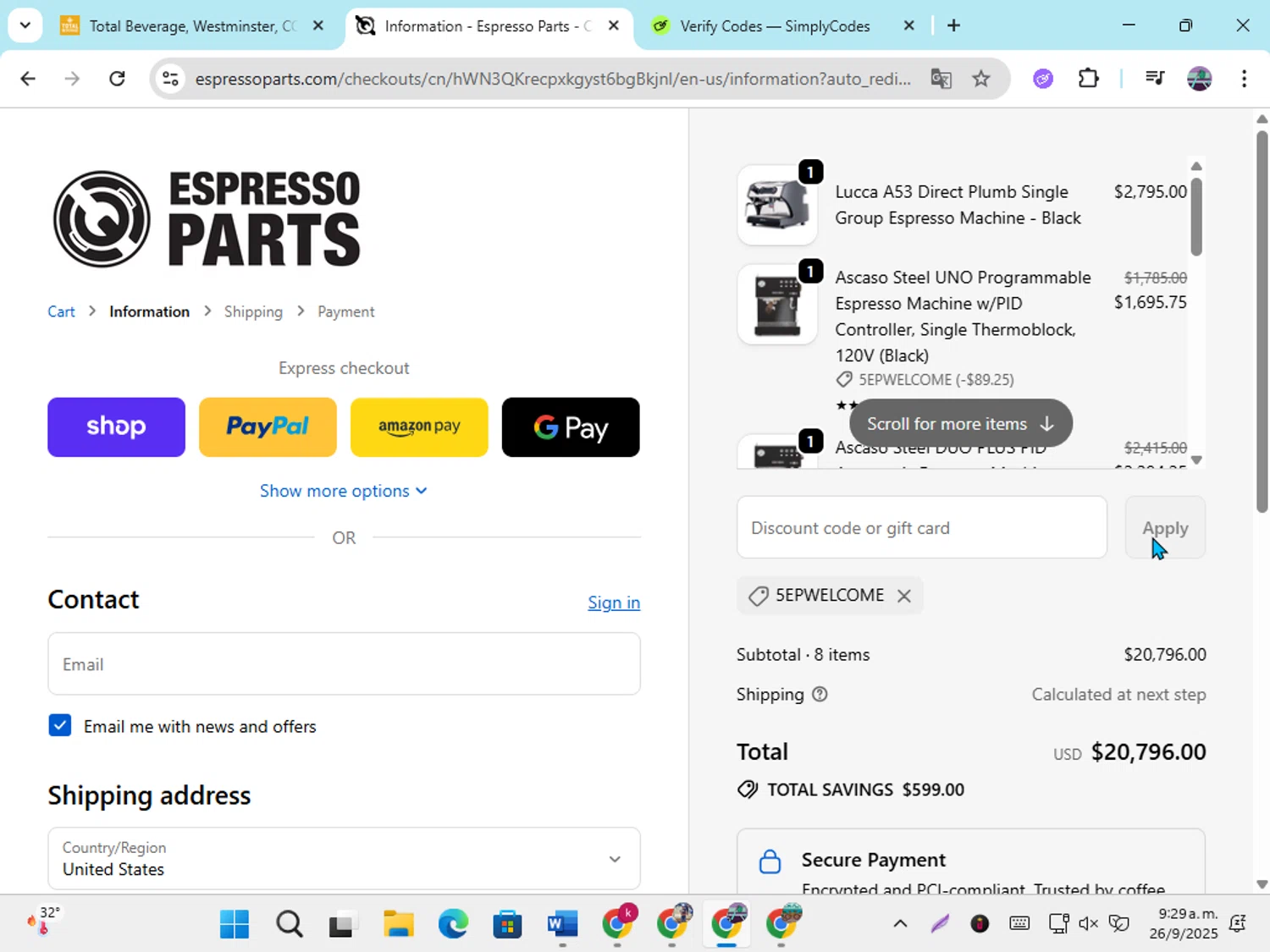 Espresso Parts discount code screenshot showing code 5EPWELCOME applied at Espresso Parts checkout page. Uploaded by SimplyCodes community member DiscountGenius6081 on Sep 26, 2025