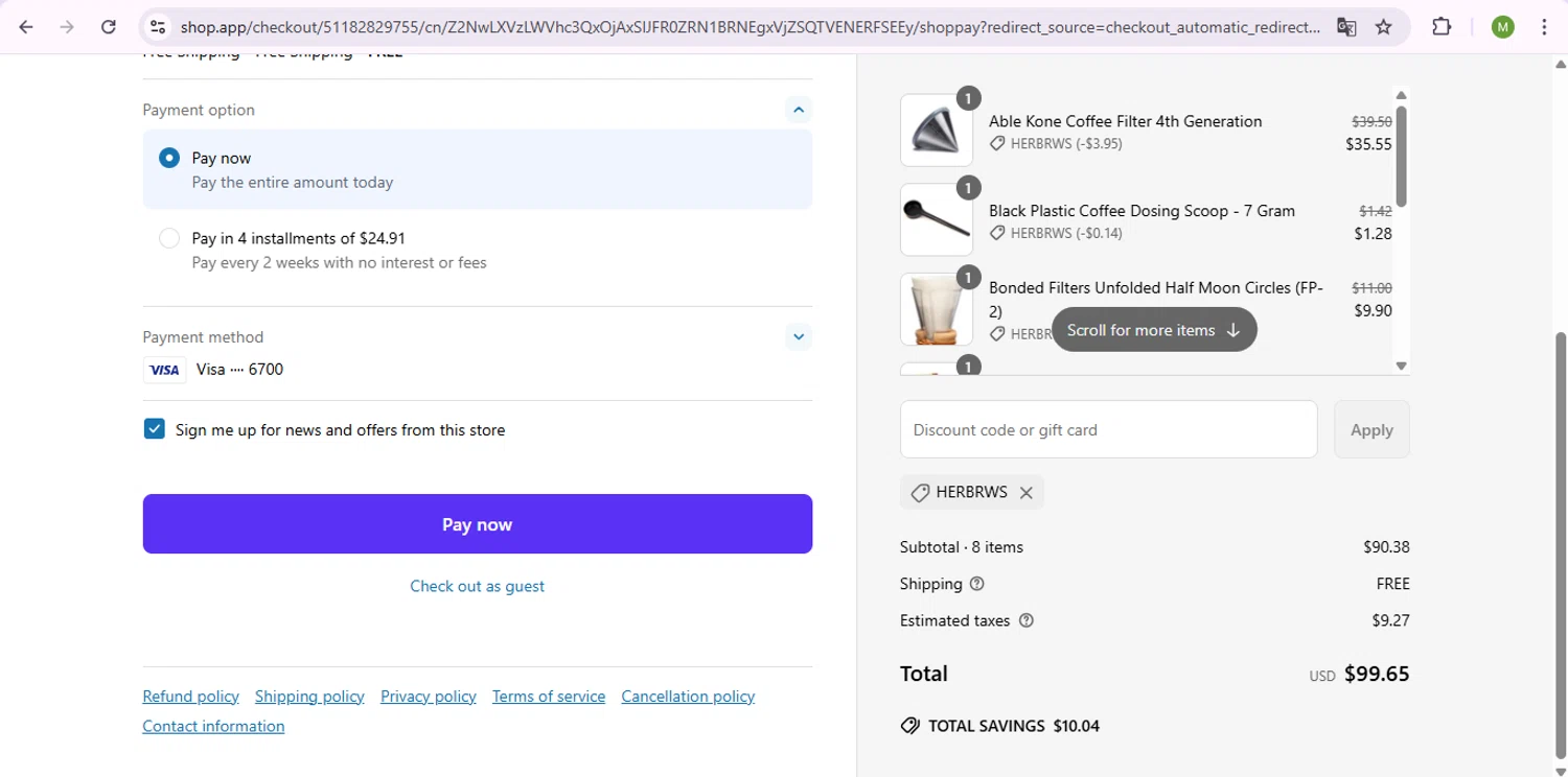 Espresso Parts discount code screenshot showing code HERBRWS applied at Espresso Parts checkout page. Uploaded by SimplyCodes community member SaleSentinel7319 on Apr 10, 2025