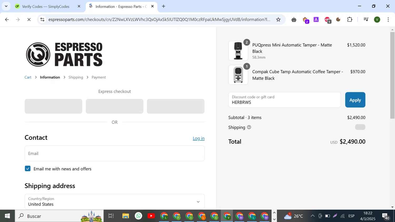 Espresso Parts discount code screenshot showing code HERBRWS applied at Espresso Parts checkout page. Uploaded by SimplyCodes community member SilverCollector8265 on Mar 4, 2025