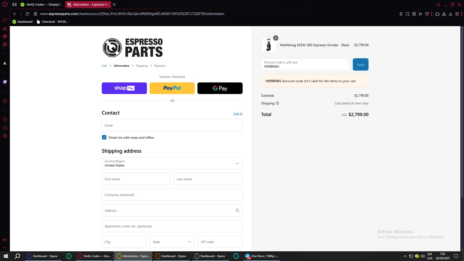 Espresso Parts discount code screenshot showing code HERBRWS applied at Espresso Parts checkout page. Uploaded by SimplyCodes community member lilfeli on Apr 26, 2025