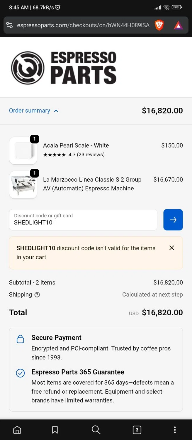 Espresso Parts discount code screenshot showing code SHEDLIGHT10 applied at Espresso Parts checkout page. Uploaded by SimplyCodes community member ScanVoyager3538 on Oct 13, 2025