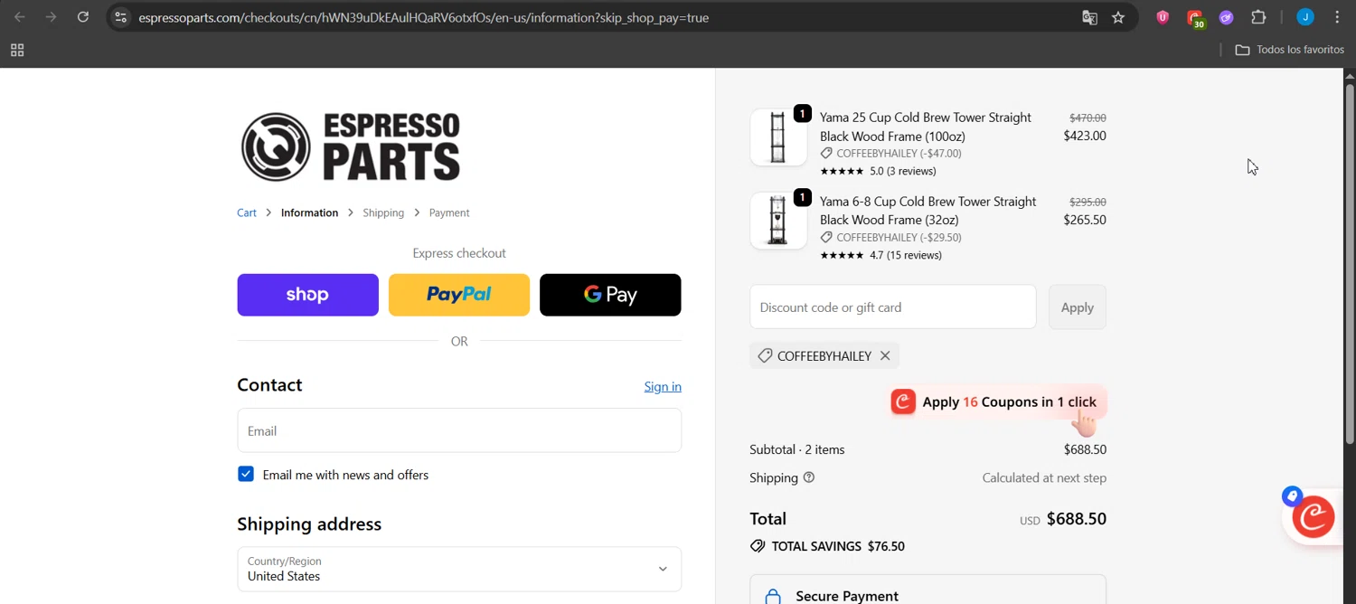 Espresso Parts discount code screenshot showing code Coffeebyhailey applied at Espresso Parts checkout page. Uploaded by SimplyCodes community member Jeanjc on Sep 26, 2025