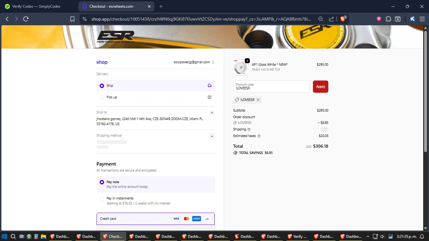 ESR Performance Wheels promo code screenshot showing code ILOVEESR applied at ESR Performance Wheels checkout page. Uploaded by SimplyCodes community member Jgomez on Dec 25, 2025