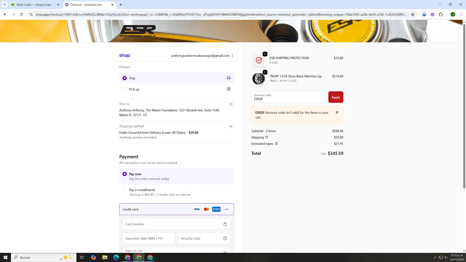 ESR Performance Wheels promo code screenshot showing code ESR2P applied at ESR Performance Wheels checkout page. Uploaded by SimplyCodes community member AnthonyGTX on Nov 22, 2025
