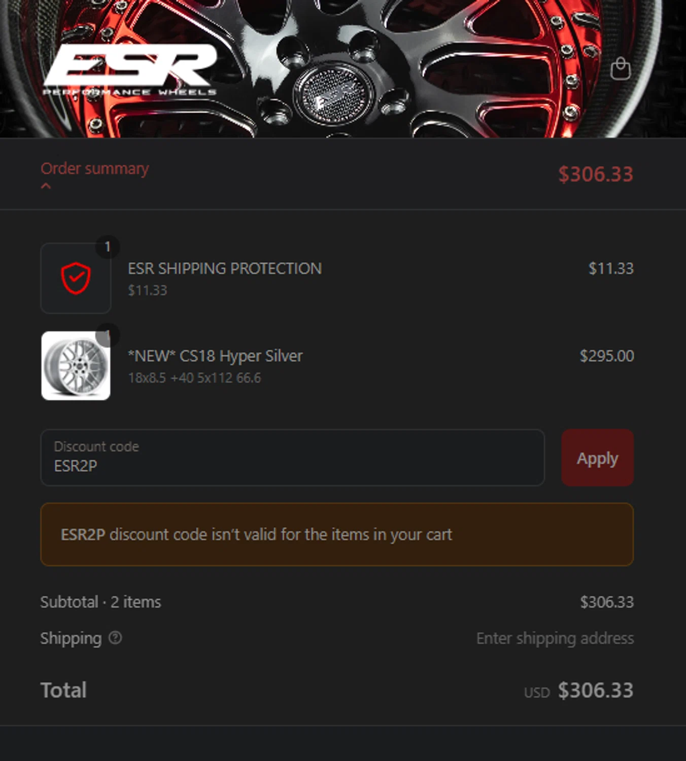ESR Performance Wheels promo code screenshot showing code ESR2P applied at ESR Performance Wheels checkout page. Uploaded by SimplyCodes community member FIREINTHEHOLE on Apr 30, 2025