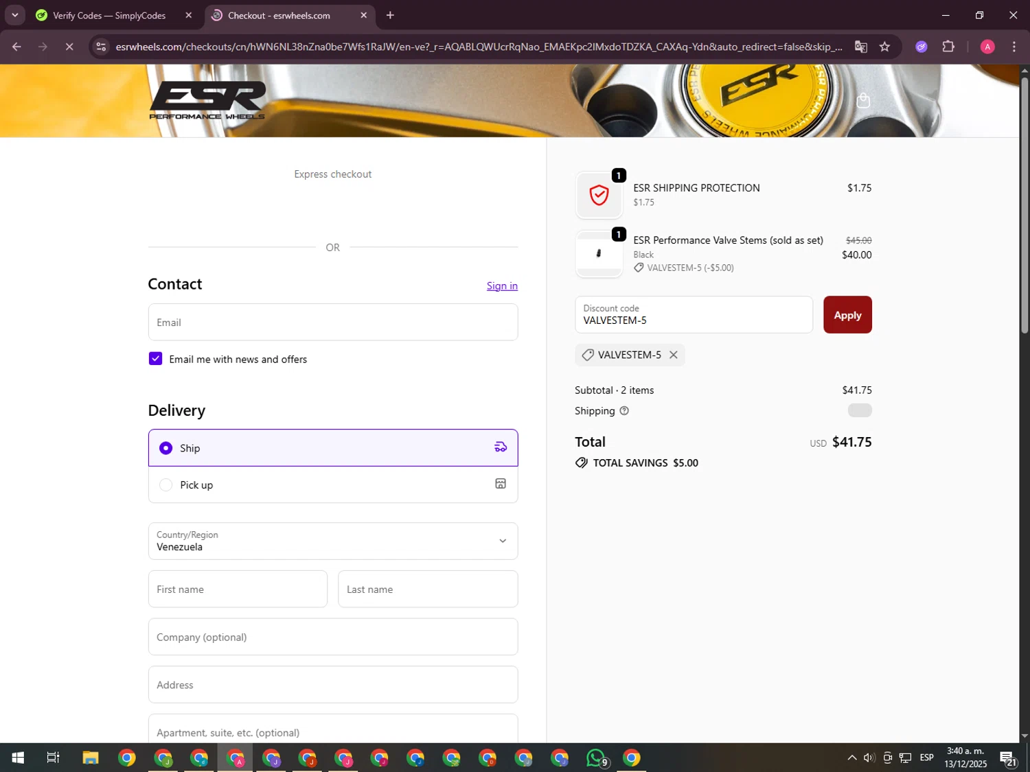 ESR Performance Wheels promo code screenshot showing code VALVESTEM-5 applied at ESR Performance Wheels checkout page. Uploaded by SimplyCodes community member CrownHawk3462 on Dec 13, 2025