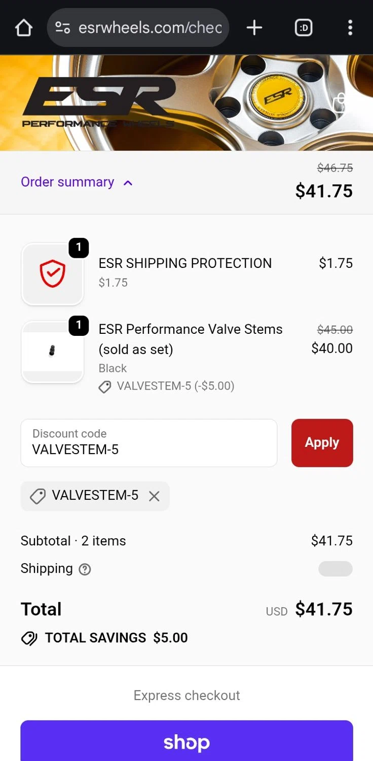 ESR Performance Wheels promo code screenshot showing code VALVESTEM-5 applied at ESR Performance Wheels checkout page. Uploaded by SimplyCodes community member ValiantCurator3344 on Nov 22, 2025