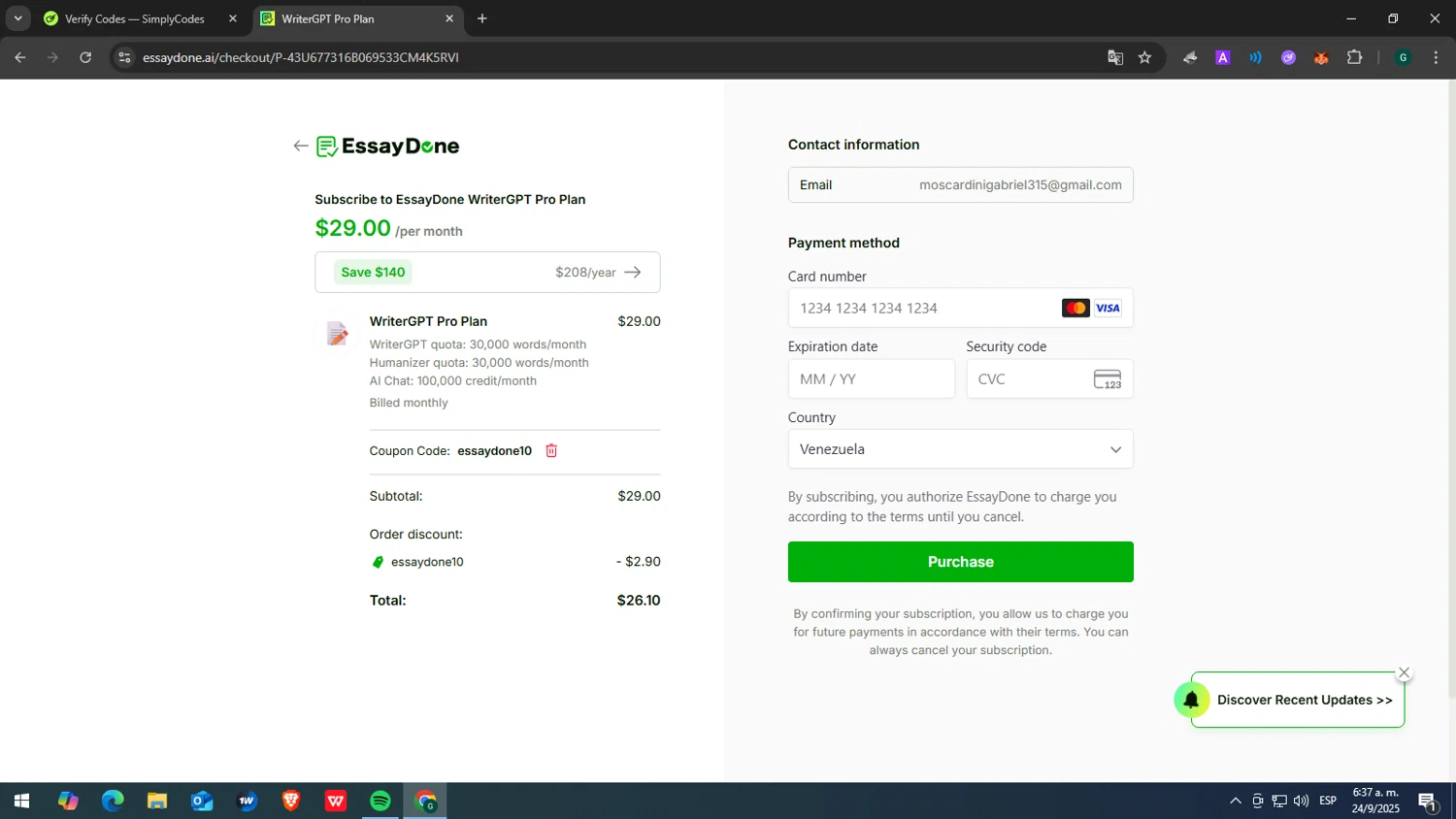 EssayDone promo code screenshot showing code essaydone10 applied at EssayDone checkout page. Uploaded by SimplyCodes community member GOJOSATURO on Sep 24, 2025