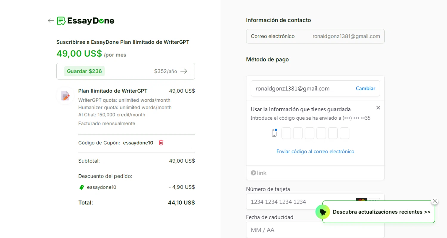 EssayDone promo code screenshot showing code essaydone10 applied at EssayDone checkout page. Uploaded by SimplyCodes community member Gonzalez010203 on Aug 26, 2025