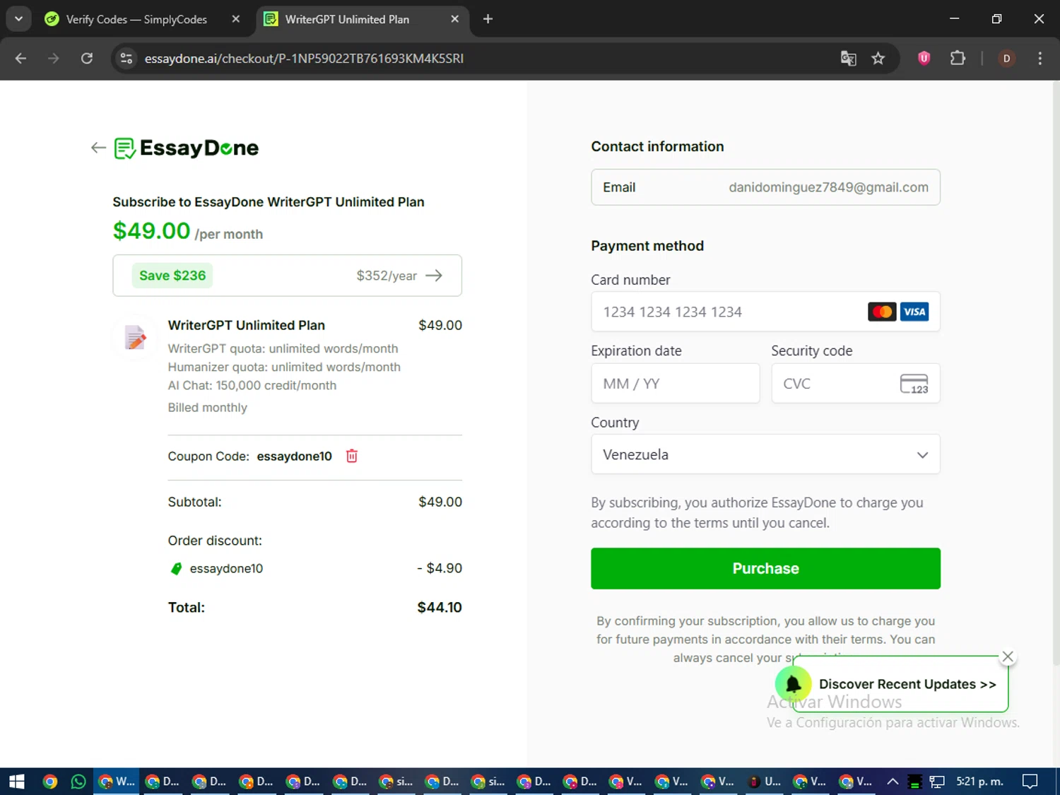 EssayDone promo code screenshot showing code essaydone10 applied at EssayDone checkout page. Uploaded by SimplyCodes community member liltecca on Nov 14, 2025