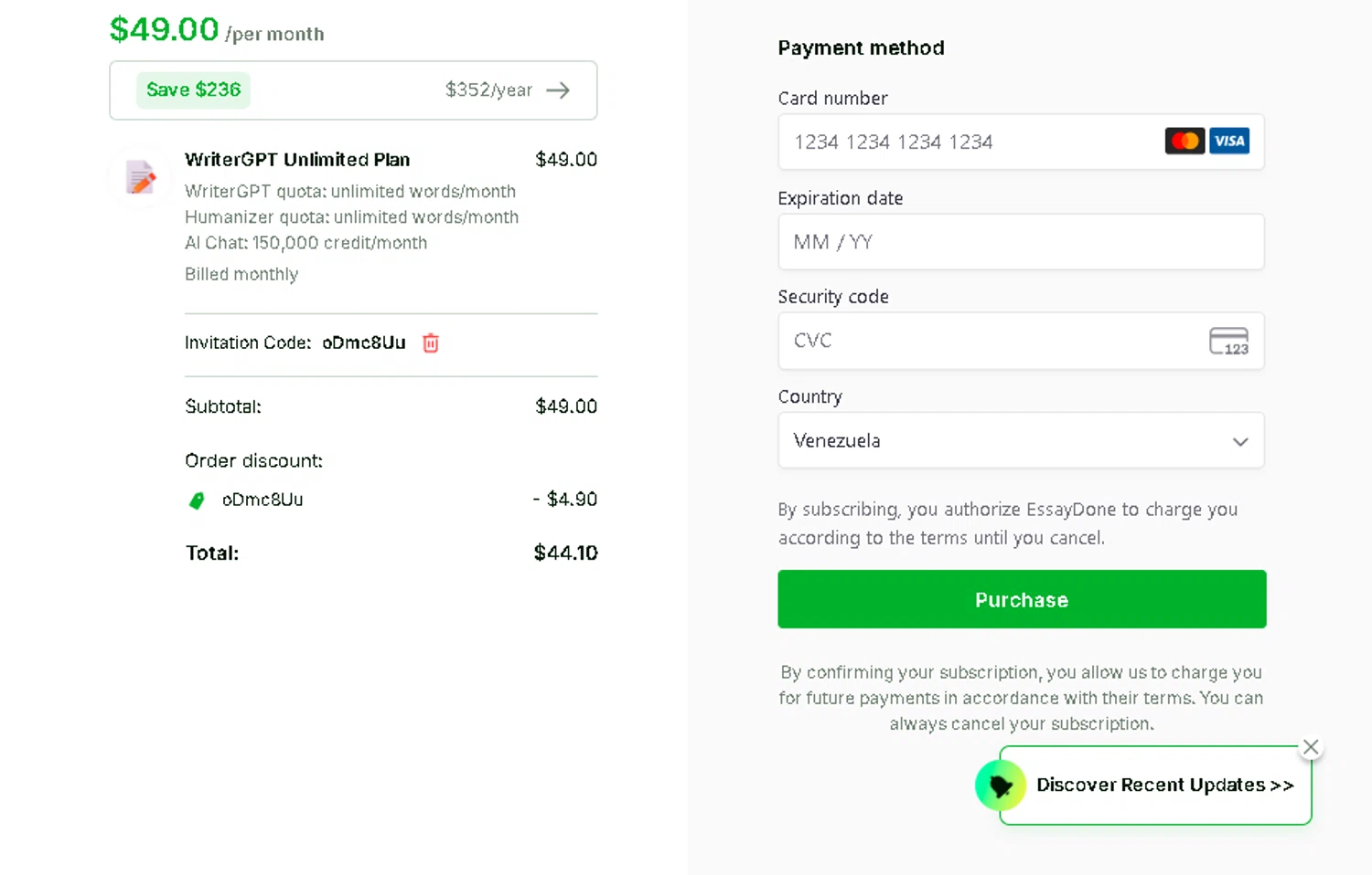 EssayDone checkout page showing EssayDone promo code box | Screenshot taken by SimplyCodes community member on Jan 2, 2026