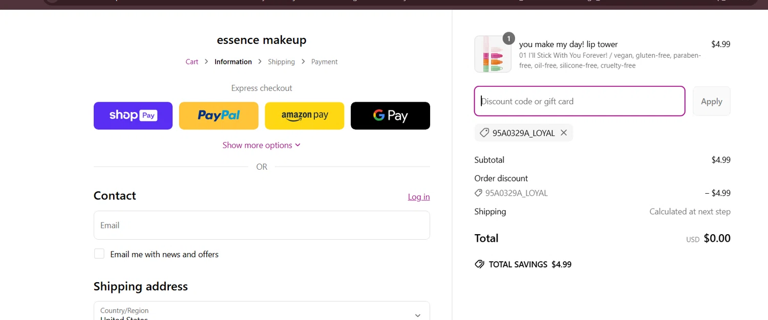 Essence Makeup promo code screenshot showing code 95A0329A_LOYAL applied at Essence Makeup checkout page. Uploaded by SimplyCodes community member lukeCallahannn on Apr 18, 2025