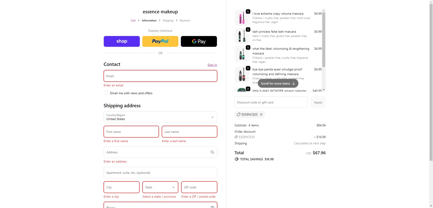 Essence Makeup promo code screenshot showing code ESSENCE20 applied at Essence Makeup checkout page. Uploaded by SimplyCodes community member CleverHawk1744 on Nov 23, 2025