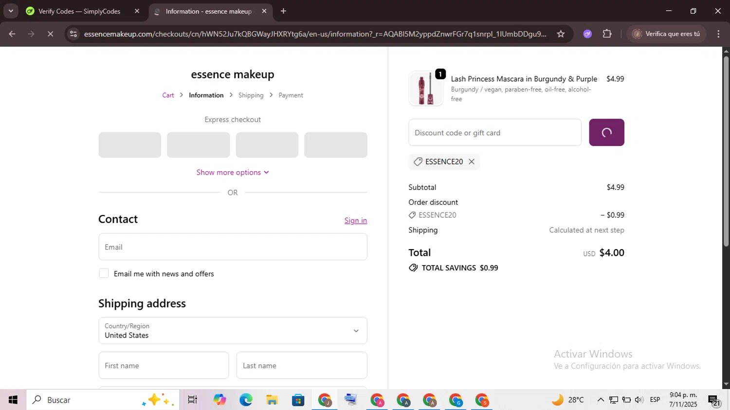 Essence Makeup promo code screenshot showing code ESSENCE20 applied at Essence Makeup checkout page. Uploaded by SimplyCodes community member CrownChaser949 on Nov 8, 2025