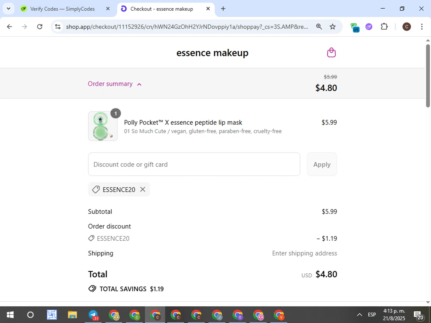 Essence Makeup promo code screenshot showing code ESSENCE20 applied at Essence Makeup checkout page. Uploaded by SimplyCodes community member TreasureFox8596 on Aug 21, 2025
