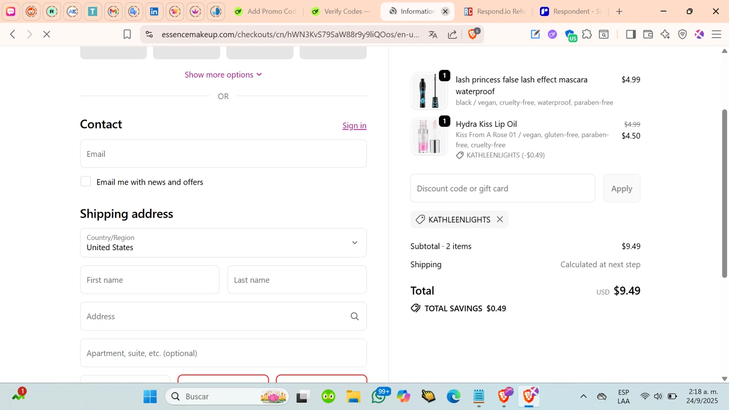Essence Makeup promo code screenshot showing code KATHLEENLIGHTS applied at Essence Makeup checkout page. Uploaded by SimplyCodes community member cosita on Sep 24, 2025
