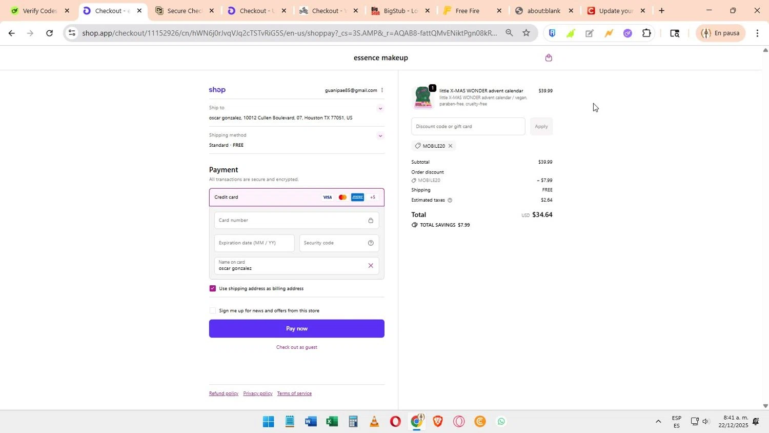 Essence Makeup promo code screenshot showing code mobile20 applied at Essence Makeup checkout page. Uploaded by SimplyCodes community member Elimix on Dec 22, 2025