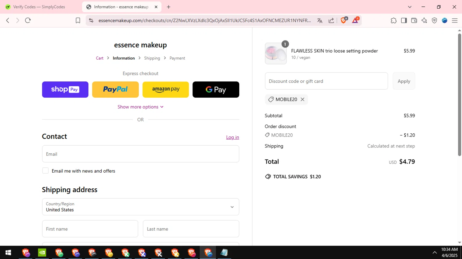 Essence Makeup promo code screenshot showing code mobile20 applied at Essence Makeup checkout page. Uploaded by SimplyCodes community member fabianmartinez on Apr 6, 2025