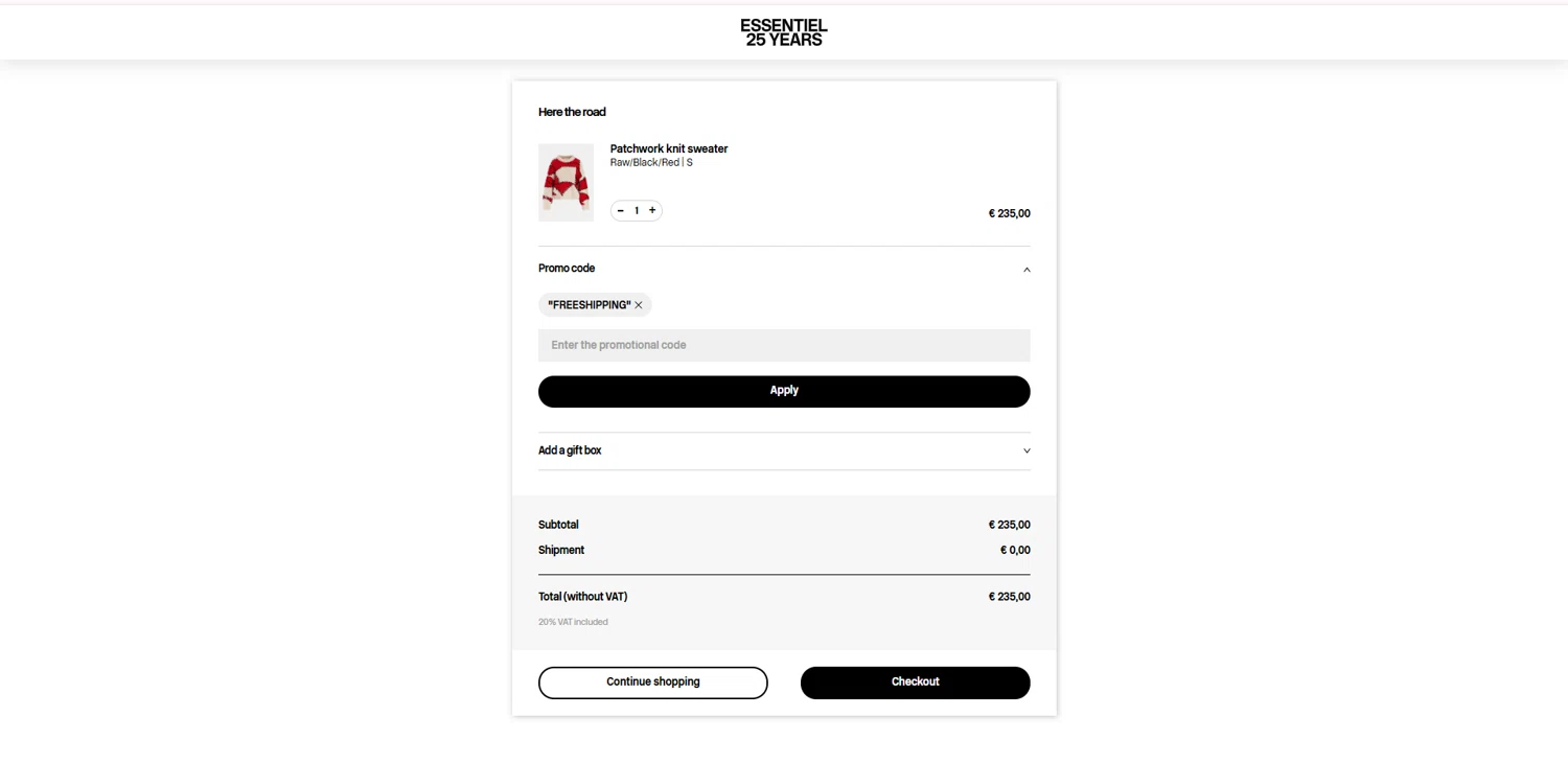 Essentiel Antwerp FR checkout page showing Essentiel Antwerp FR promo code box | Screenshot taken by SimplyCodes community member on Dec 26, 2024