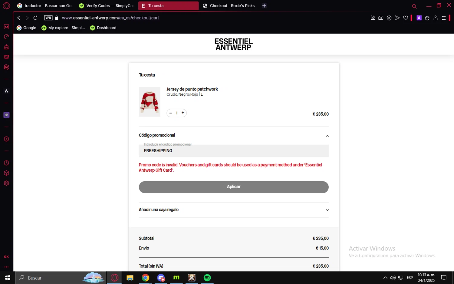 Essentiel Antwerp FR promo code screenshot showing code FREESHIPPING applied at Essentiel Antwerp FR checkout page. Uploaded by SimplyCodes community member PrimeVirtuoso9679 on Jan 24, 2025