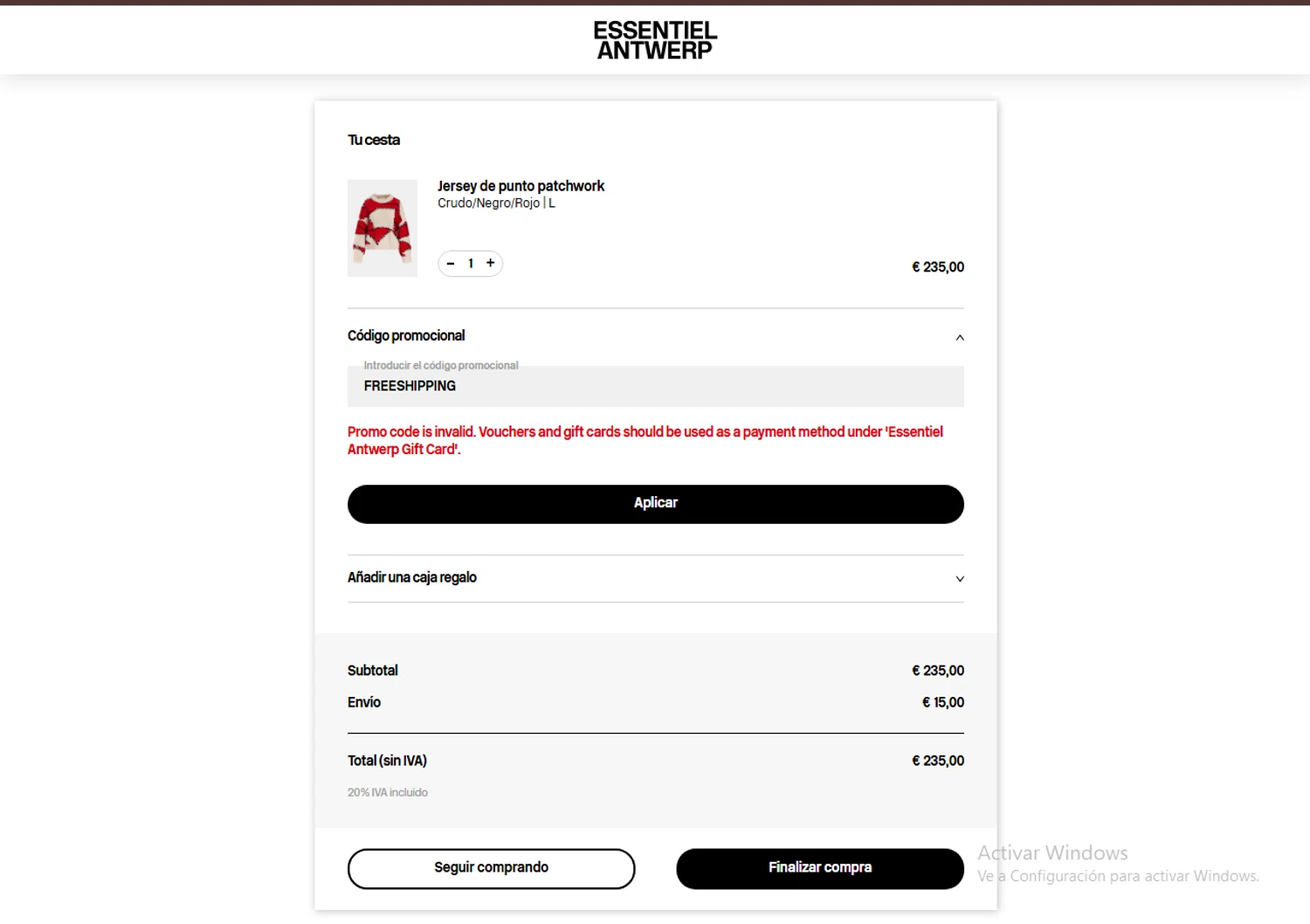 Essentiel Antwerp FR promo code screenshot showing code FREESHIPPING applied at Essentiel Antwerp FR checkout page. Uploaded by SimplyCodes community member FortunateDefender7285 on Jan 24, 2025