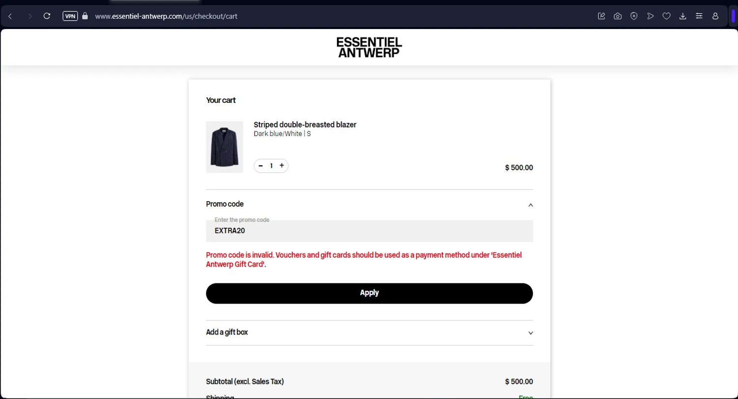 Essentiel Antwerp FR promo code screenshot showing code EXTRA20 applied at Essentiel Antwerp FR checkout page. Uploaded by SimplyCodes community member Mr_fran on Feb 12, 2025