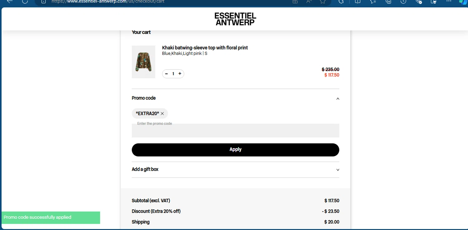 Essentiel Antwerp FR checkout page showing Essentiel Antwerp FR promo code box | Screenshot taken by SimplyCodes community member on Aug 20, 2024