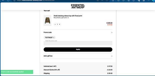 Essentiel Antwerp FR checkout page showing Essentiel Antwerp FR promo code box | Screenshot taken by SimplyCodes community member on Aug 20, 2024