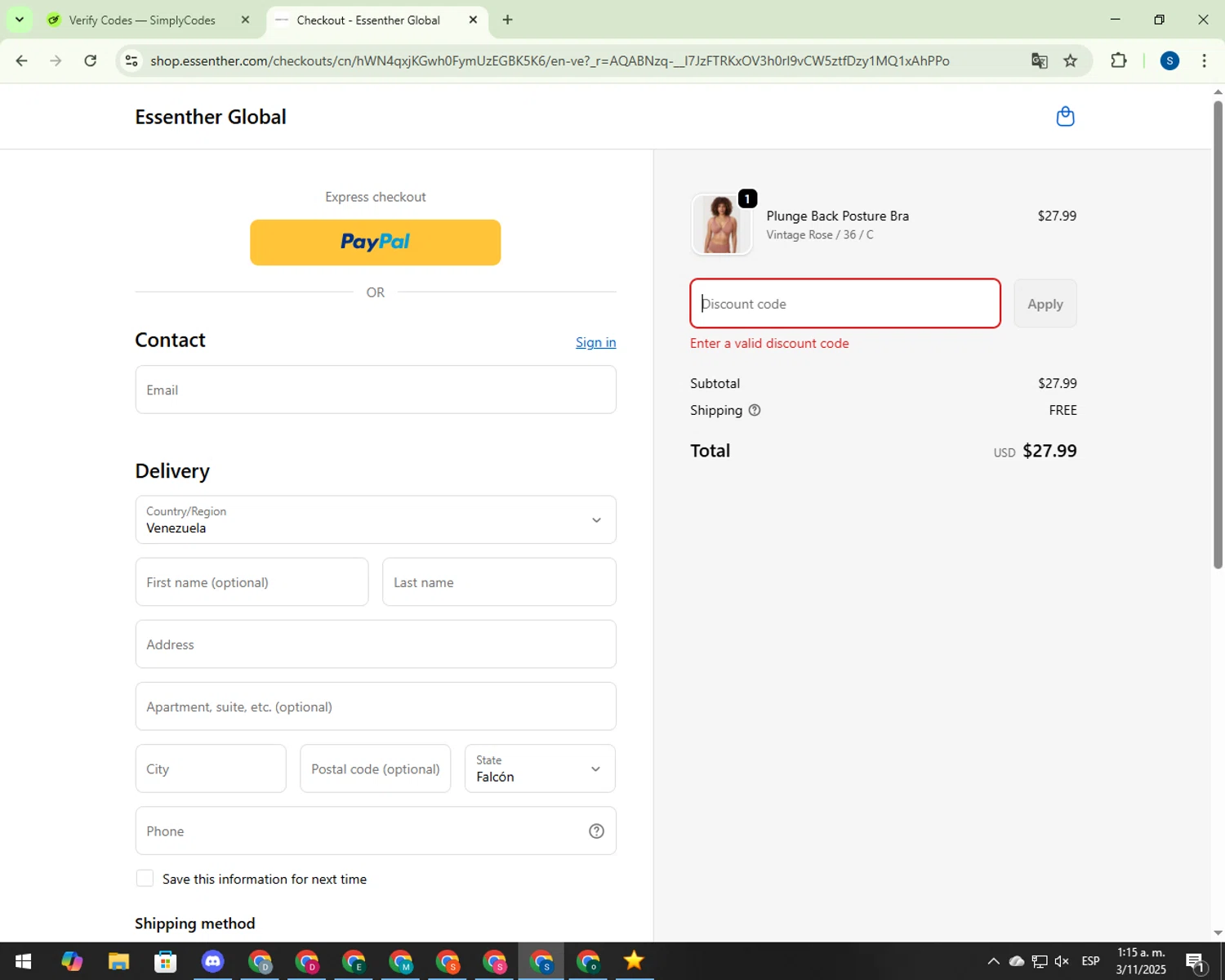 Essenther discount code screenshot showing code Welcome01 applied at Essenther checkout page. Uploaded by SimplyCodes community member 00000007 on Nov 3, 2025