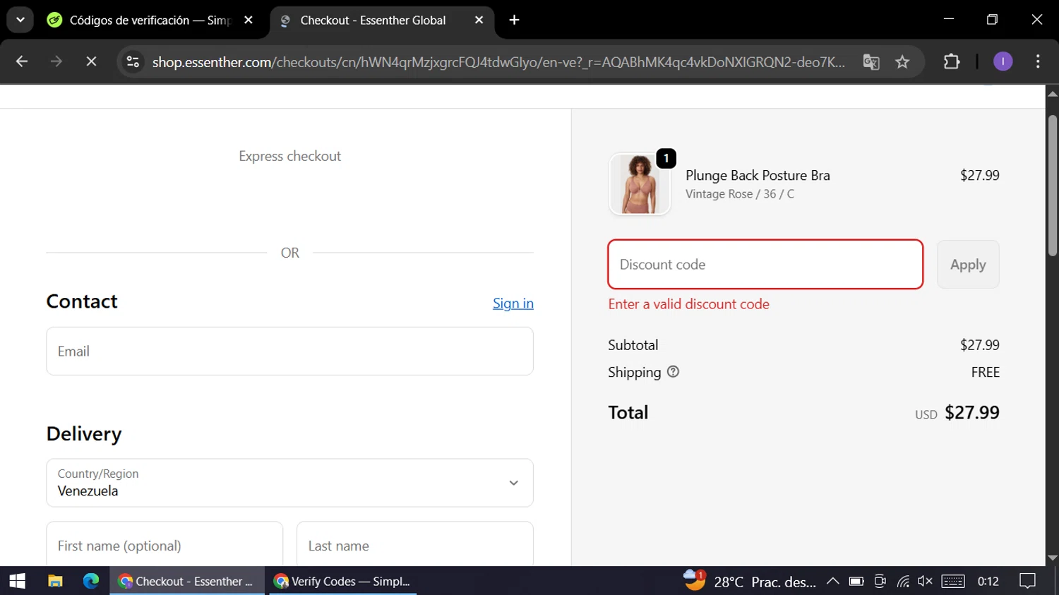 Essenther discount code screenshot showing code Welcome01 applied at Essenther checkout page. Uploaded by SimplyCodes community member AGP44456545 on Nov 3, 2025