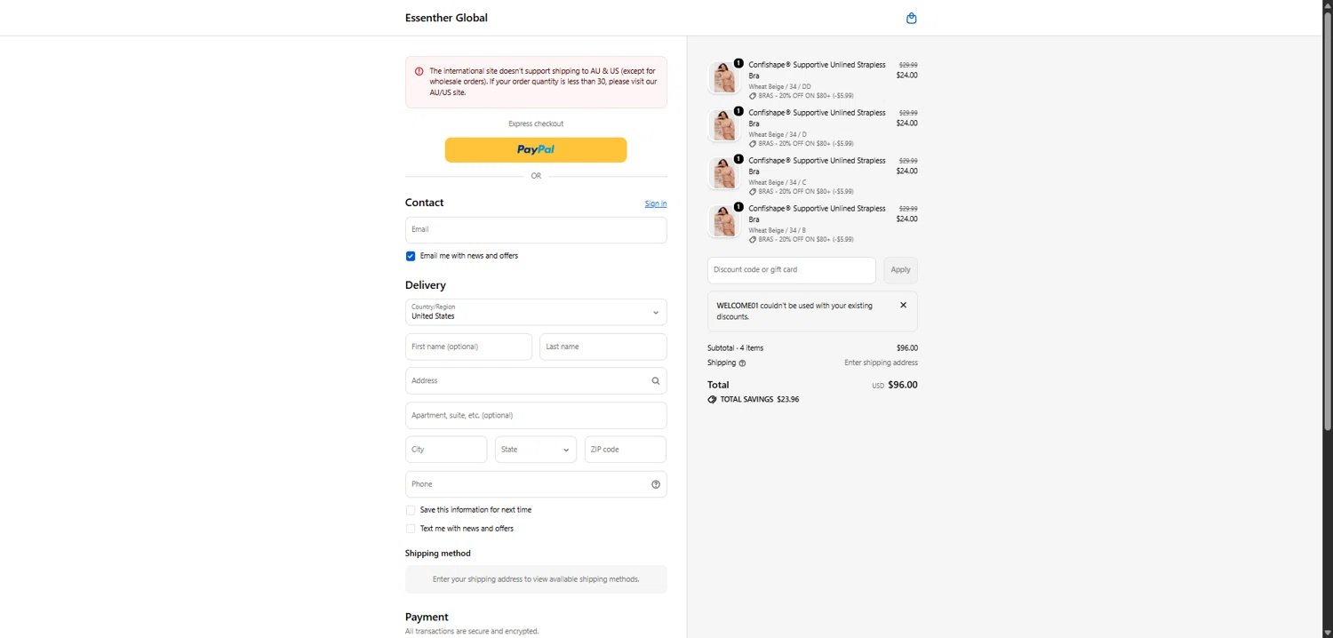 Essenther checkout page showing Essenther discount code box | Screenshot taken by SimplyCodes community member on Feb 19, 2026