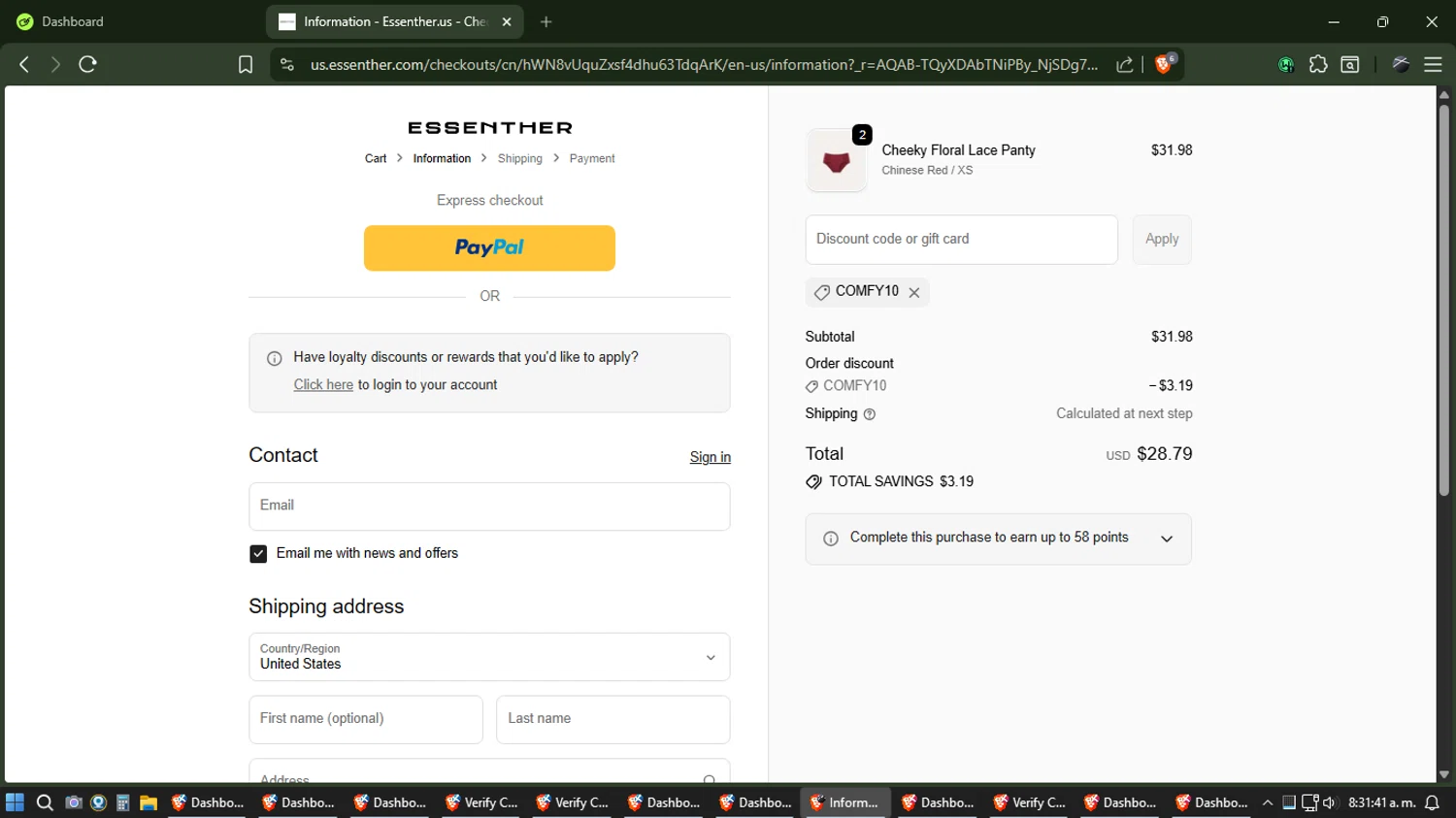 Essenther checkout page showing Essenther discount code box | Screenshot taken by SimplyCodes community member on Feb 18, 2026