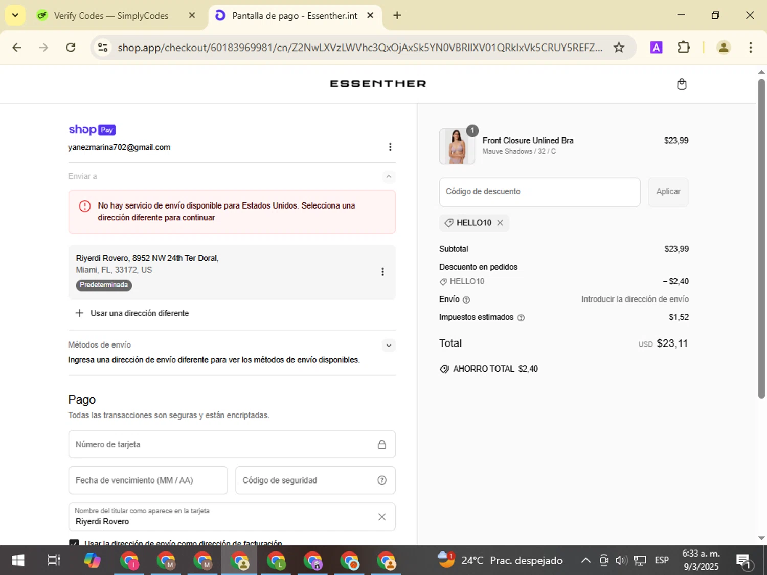 Essenther discount code screenshot showing code hello10 applied at Essenther checkout page. Uploaded by SimplyCodes community member NobleMonarch1787 on Mar 9, 2025