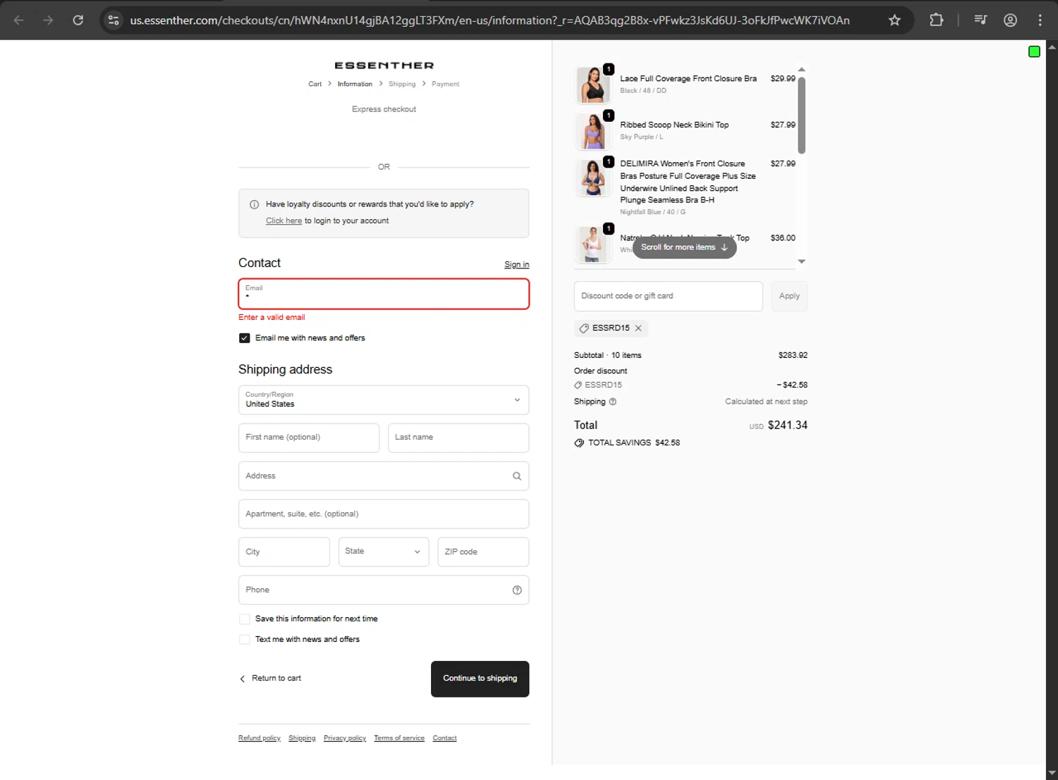 Essenther discount code screenshot showing code ESSRD15 applied at Essenther checkout page. Uploaded by SimplyCodes community member MAHORAGA on Nov 1, 2025