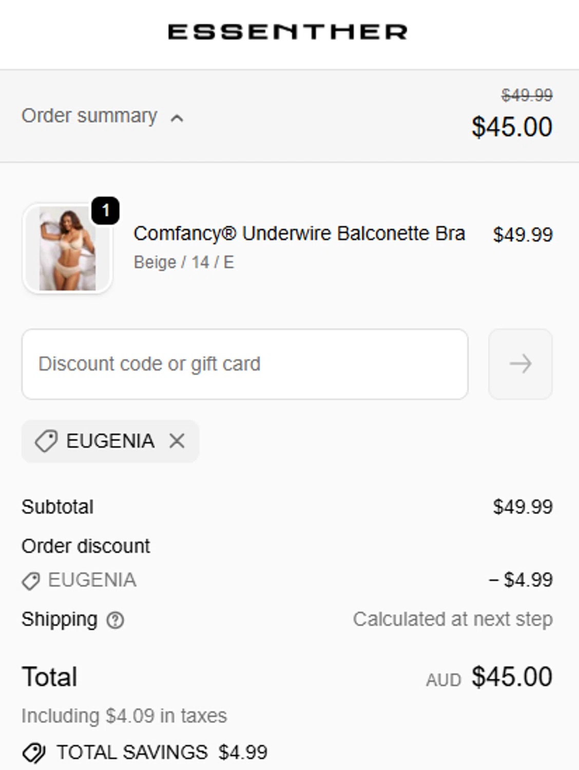 Essenther discount code screenshot showing code EUGENIA applied at Essenther checkout page. Uploaded by SimplyCodes community member MariaRoma on Feb 21, 2026
