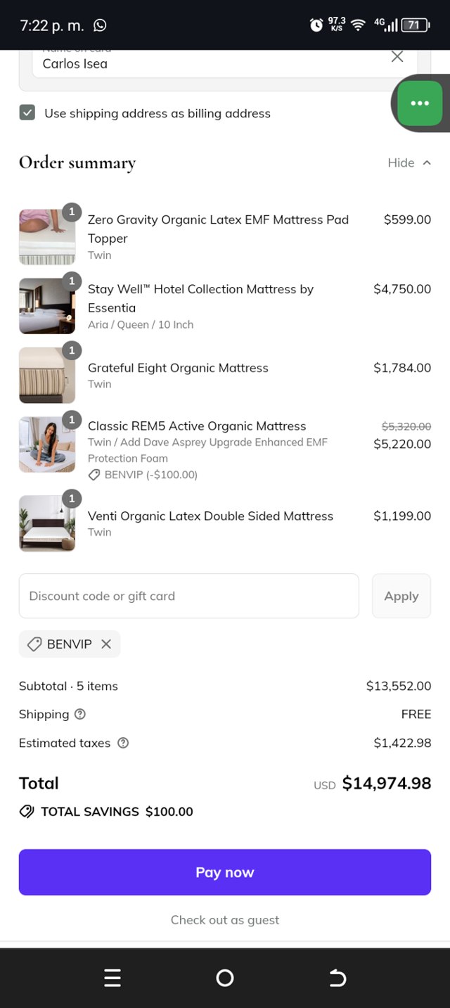 Essentia checkout page showing Essentia promo code box | Screenshot taken by SimplyCodes community member on Aug 22, 2025