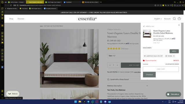 Essentia checkout page showing Essentia promo code box | Screenshot taken by SimplyCodes community member on Aug 22, 2025