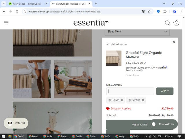 Essentia checkout page showing Essentia promo code box | Screenshot taken by SimplyCodes community member on Aug 17, 2025