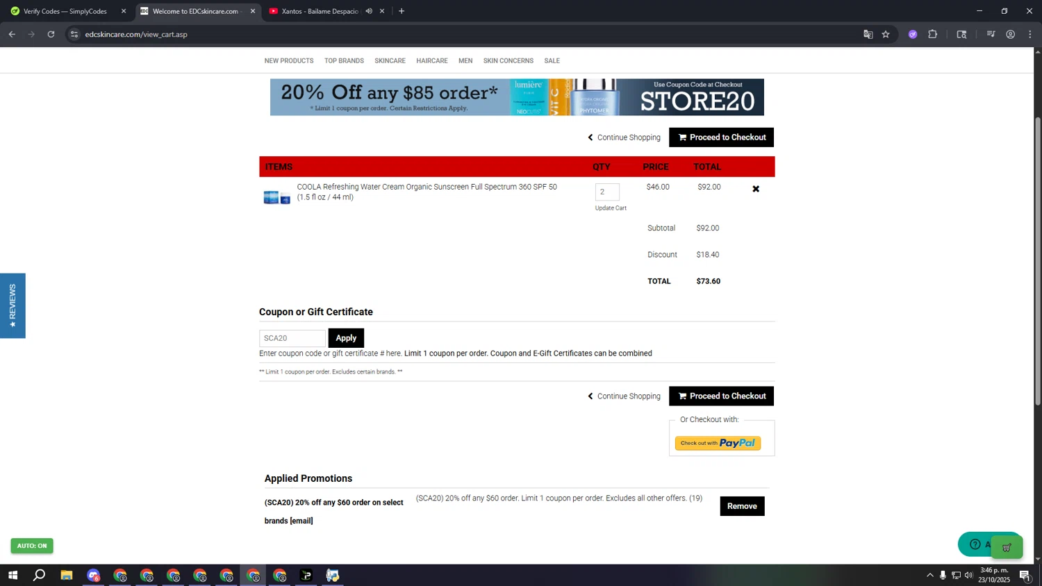 EDCskincare.com coupon code screenshot showing code SCA20 applied at EDCskincare.com checkout page. Uploaded by SimplyCodes community member fffffffffffffffffff on Oct 23, 2025