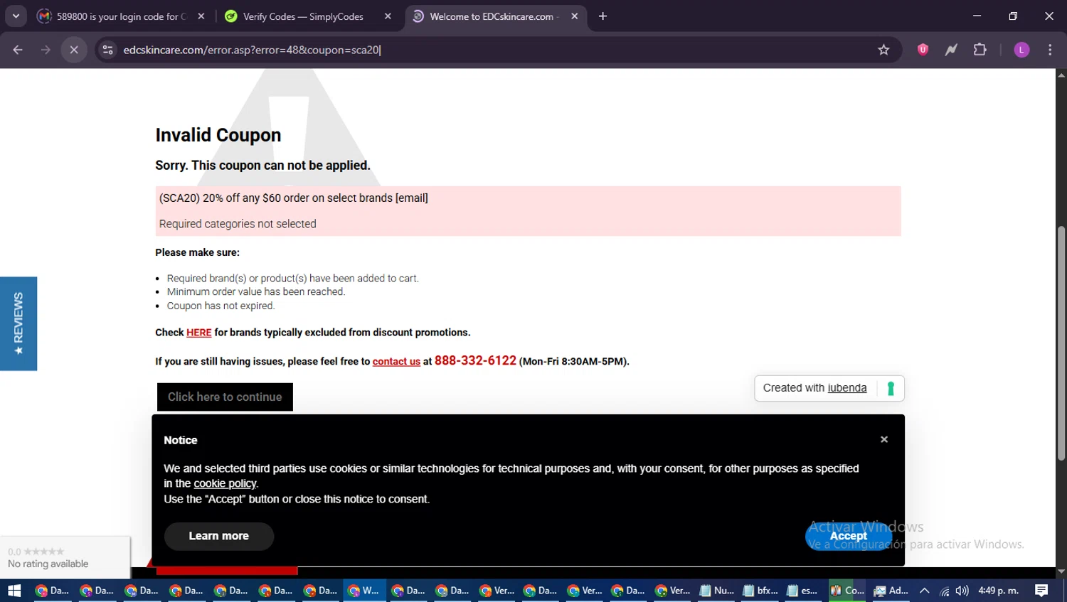 EDCskincare.com coupon code screenshot showing code SCA20 applied at EDCskincare.com checkout page. Uploaded by SimplyCodes community member RewardScout5160 on Jun 28, 2025