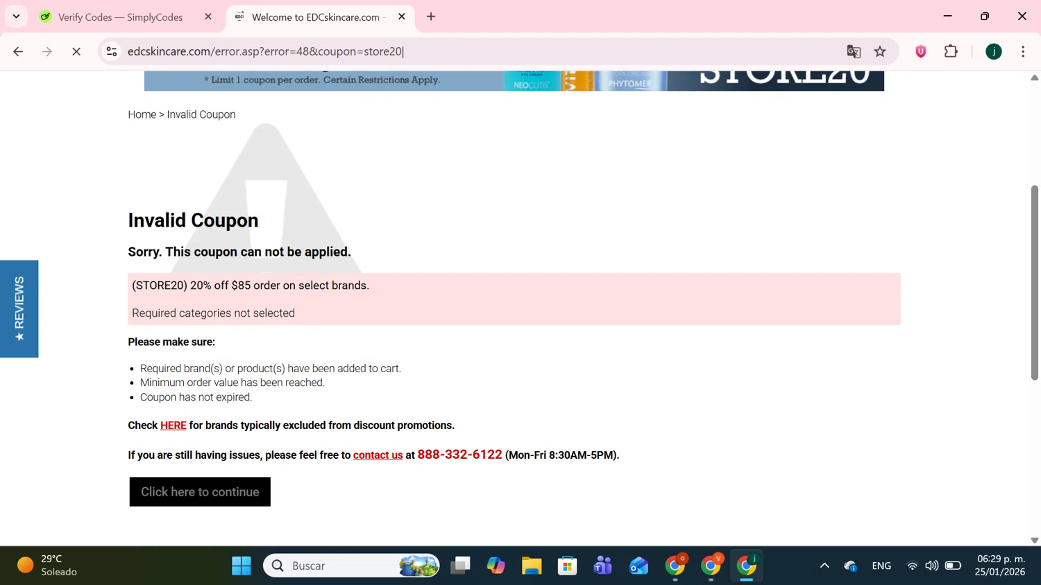 EDCskincare.com checkout page showing EDCskincare.com coupon code box | Screenshot taken by SimplyCodes community member on Jan 25, 2026