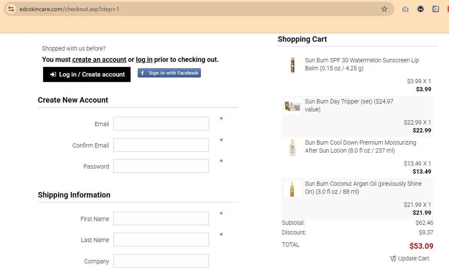 EDCskincare.com checkout page showing EDCskincare.com coupon code box | Screenshot taken by SimplyCodes community member on Nov 30, 2025