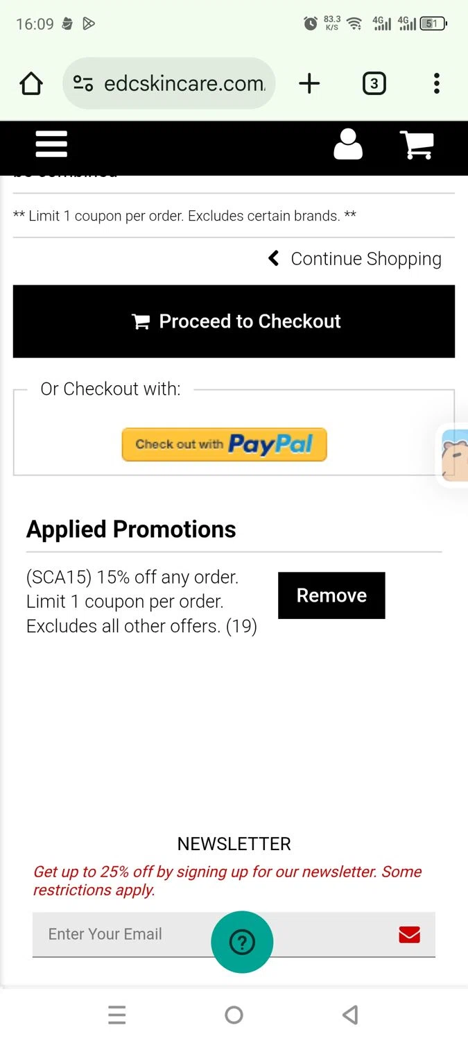 EDCskincare.com coupon code screenshot showing code SCA15 applied at EDCskincare.com checkout page. Uploaded by SimplyCodes community member rafaelmarquez on Jun 14, 2025