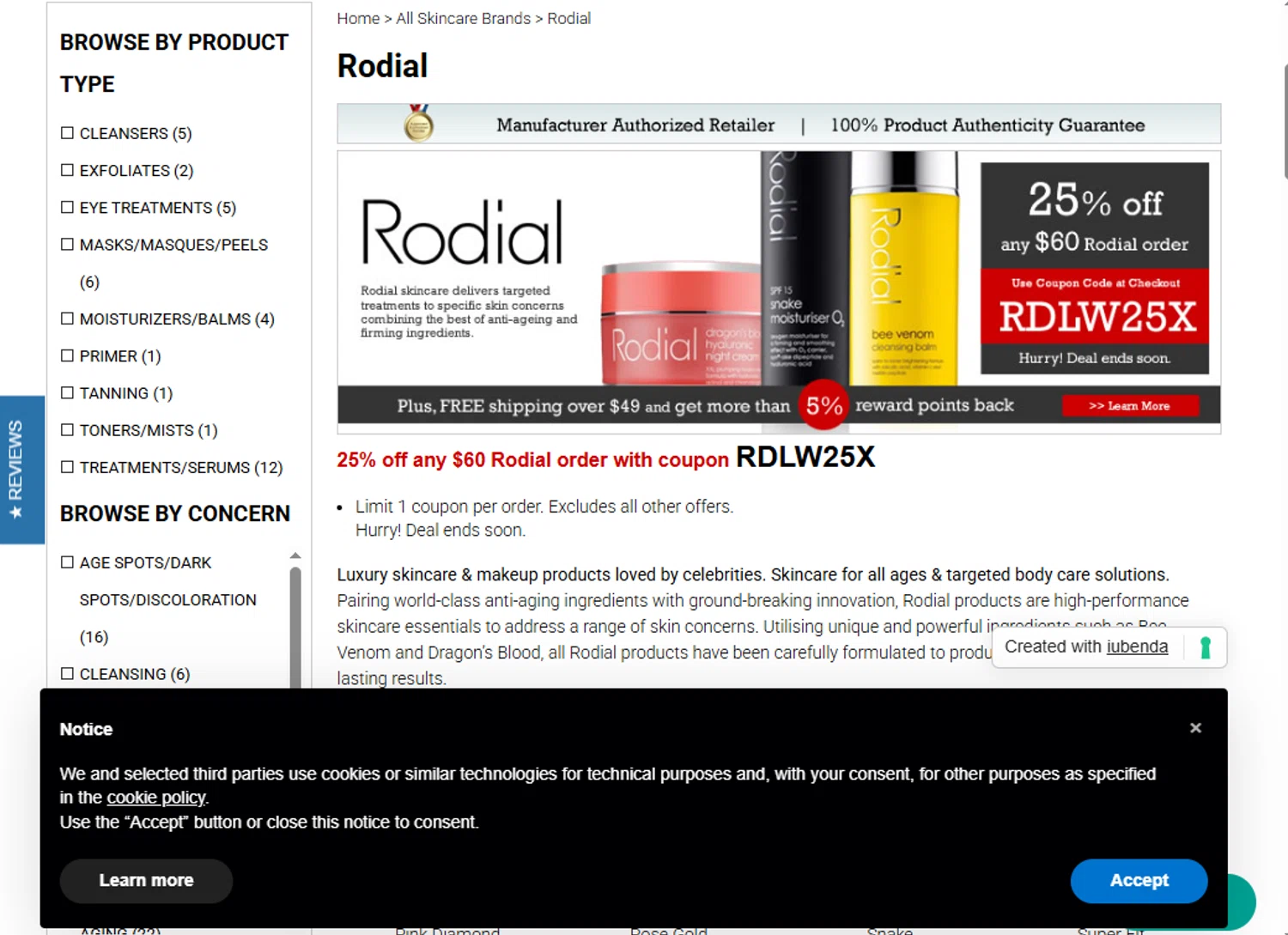 EDCskincare.com coupon code screenshot showing code RDLW25X applied at EDCskincare.com checkout page. Uploaded by SimplyCodes community member HobieBrown on Oct 4, 2025